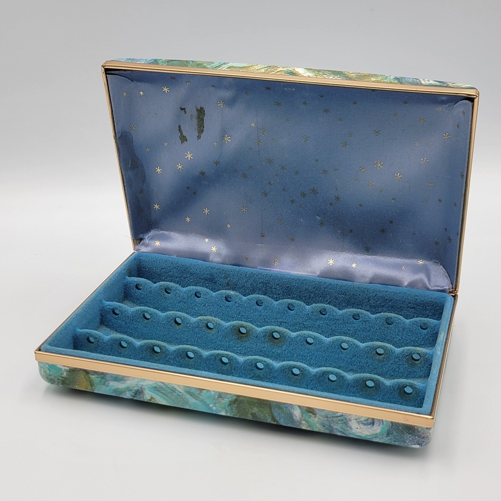 Vtg 80s/90s Hard Shell Travel Jewelry Case Starburst Clamshell Box Blue Floral‎